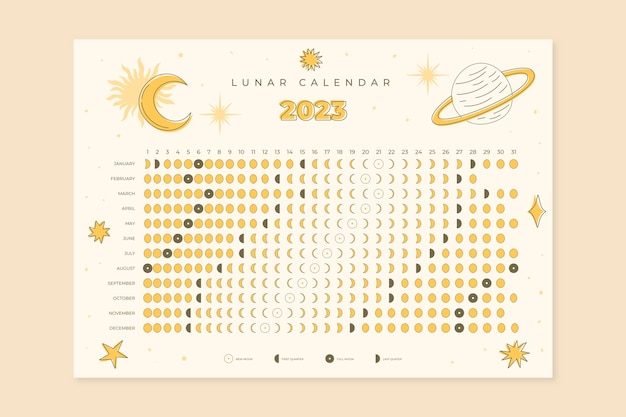 Modelo de calendário lunar 2023 desenhado à mão