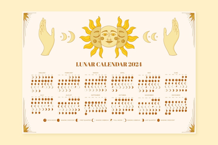 Vetor grátis modelo de calendário lunar desenhado à mão para 2024 com elementos esotéricos
