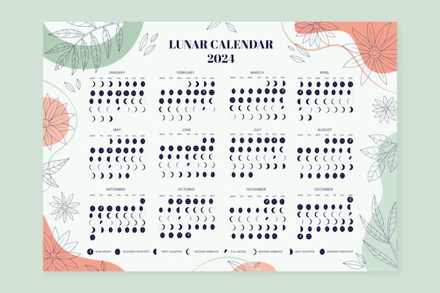 Modelo de calendário lunar desenhado à mão para 2024 com folhas e vegetação