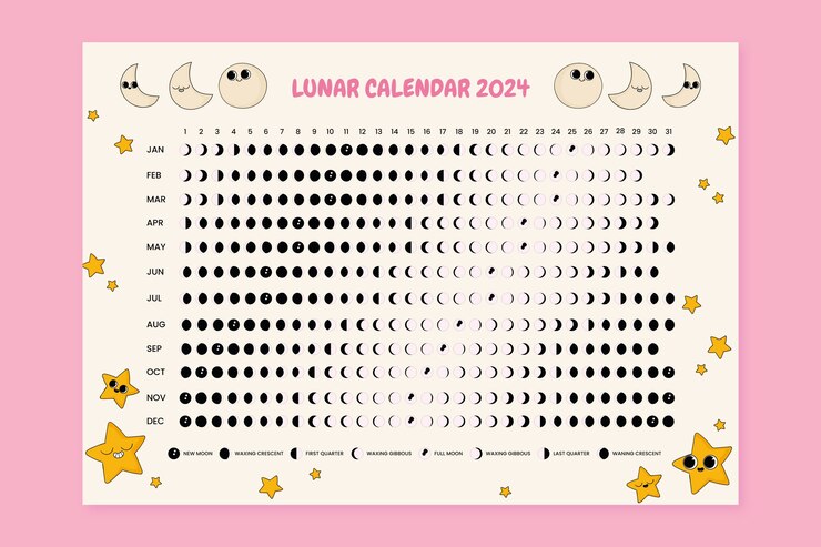 Vetor grátis modelo de calendário lunar desenhado à mão para 2024