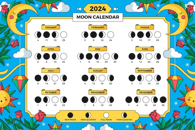 Vetor grátis modelo de calendário lunar desenhado à mão para 2024