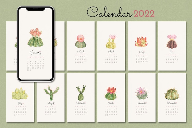 Modelo de calendário mensal botânico 2022, conjunto de vetores de papel de parede de cacto para iphone Vetor grátis