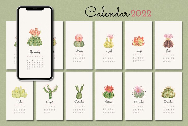 Vetor grátis modelo de calendário mensal botânico 2022, conjunto de vetores de papel de parede de cacto para iphone