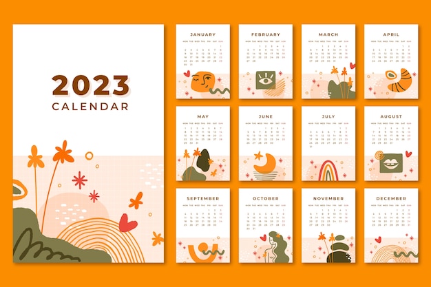 Modelo de calendário mensal de 2023 desenhado à mão