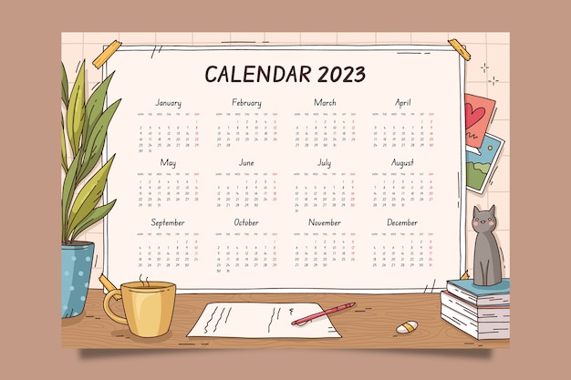 Modelo de calendário mensal de 2023 desenhado à mão