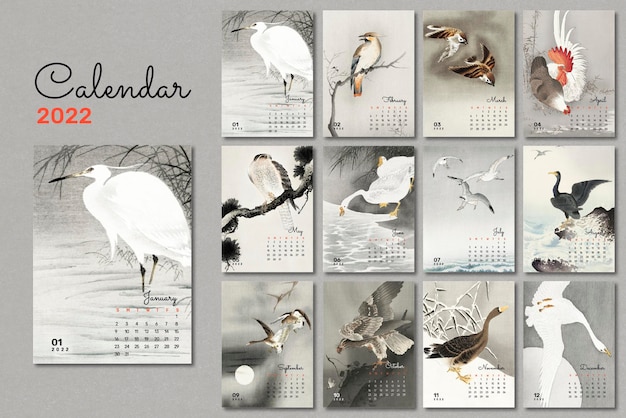 Vetor grátis modelo de calendário mensal do pássaro 2022, conjunto de vetores de design japonês vintage. remix de arte vintage de ohara koson.