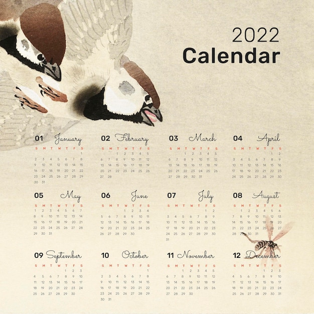 Vetor grátis modelo de calendário mensal do pássaro 2022, vetor de design japonês. remix de arte vintage de ohara koson.