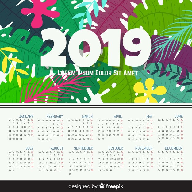 Modelo de calendário moderno mão desenhada 2019