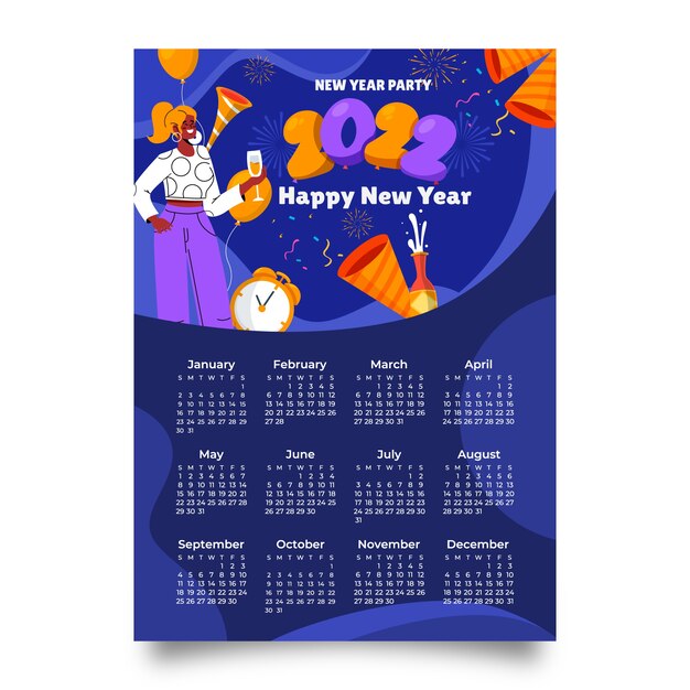 Modelo de calendário plano 2022 desenhado à mão