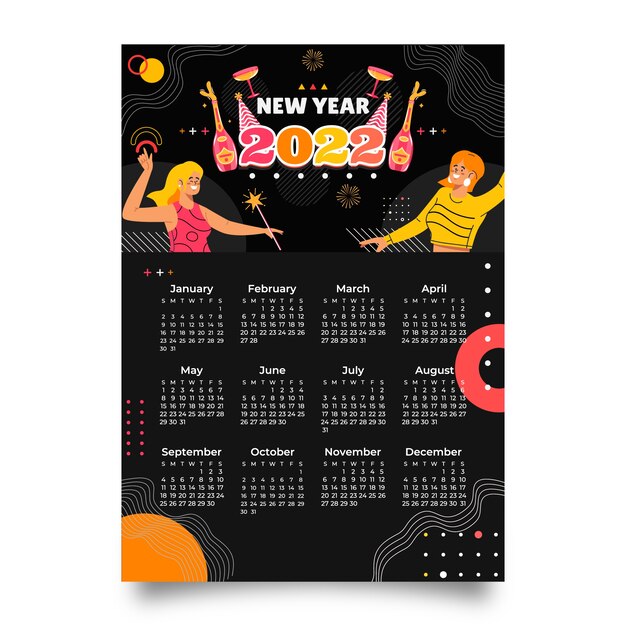 Modelo de calendário plano 2022 desenhado à mão
