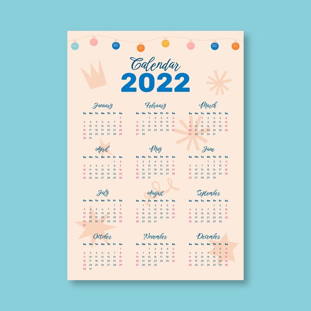 Modelo de calendário plano 2022 desenhado à mão