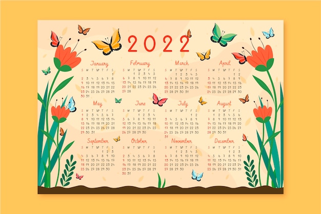 Modelo de calendário plano 2022 desenhado à mão