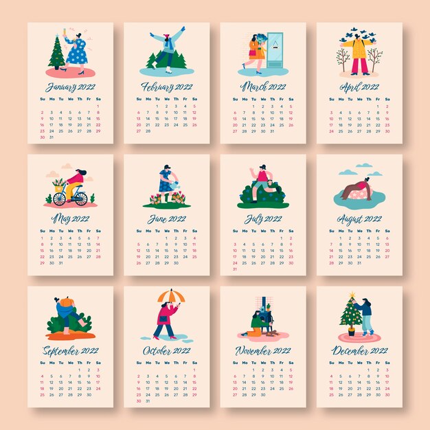 Modelo de calendário plano 2022 desenhado à mão