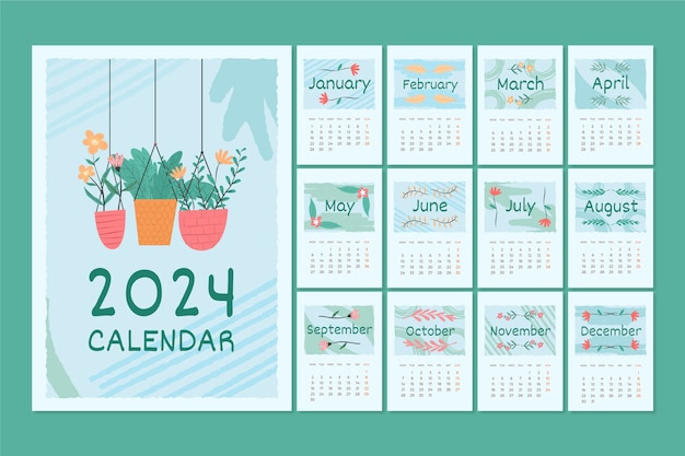 Vetor grátis modelo de calendário plano 2024 com flores