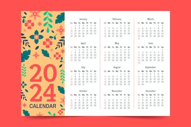 Modelo de calendário plano 2024 com folhas e flores