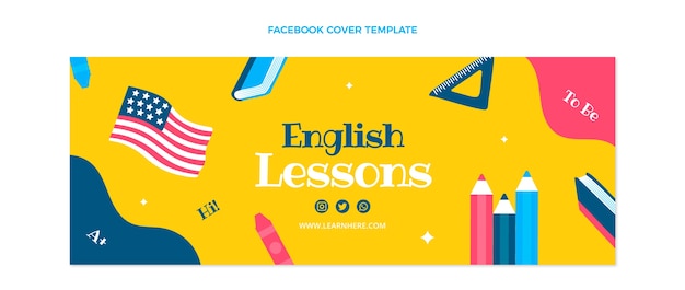 Modelo de capa de facebook de aulas de inglês de design plano