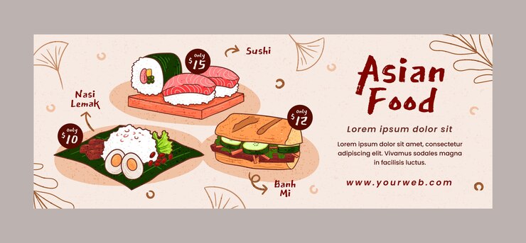 Modelo de capa de facebook de comida asiática desenhada a mão