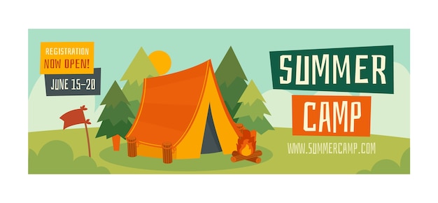 Modelo de capa de mídia social de acampamento de verão plano