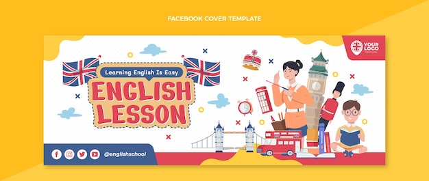 Modelo de capa de mídia social de aulas de inglês planas