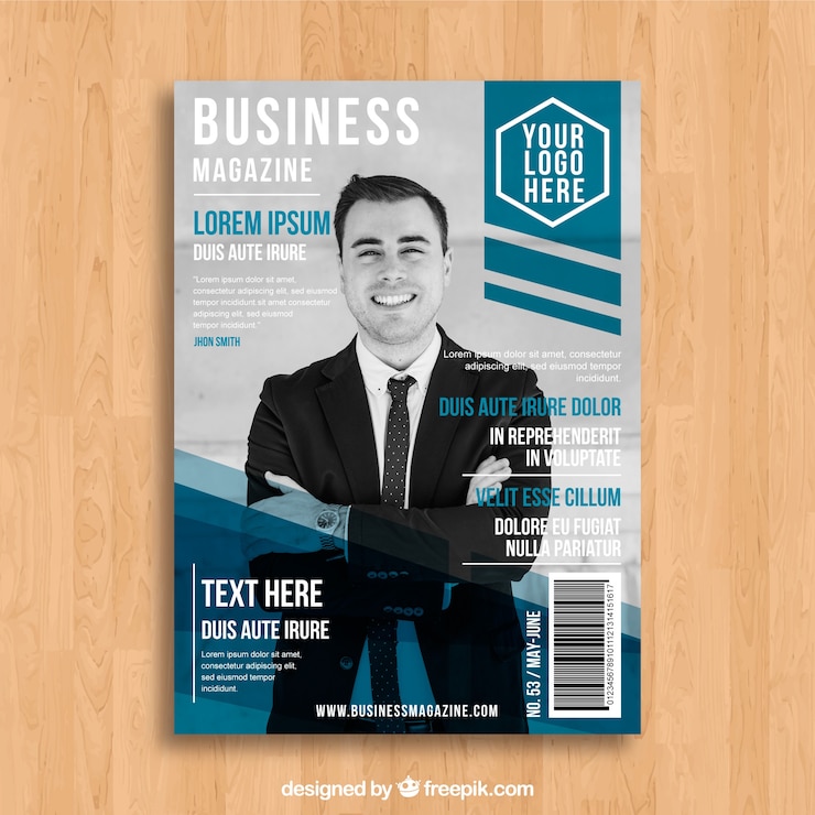 Vetor grátis modelo de capa de revista de negócios com foto