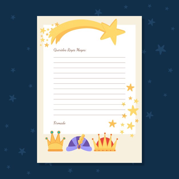 Modelo de carta da lista de desejos Flat Reyes Magos
