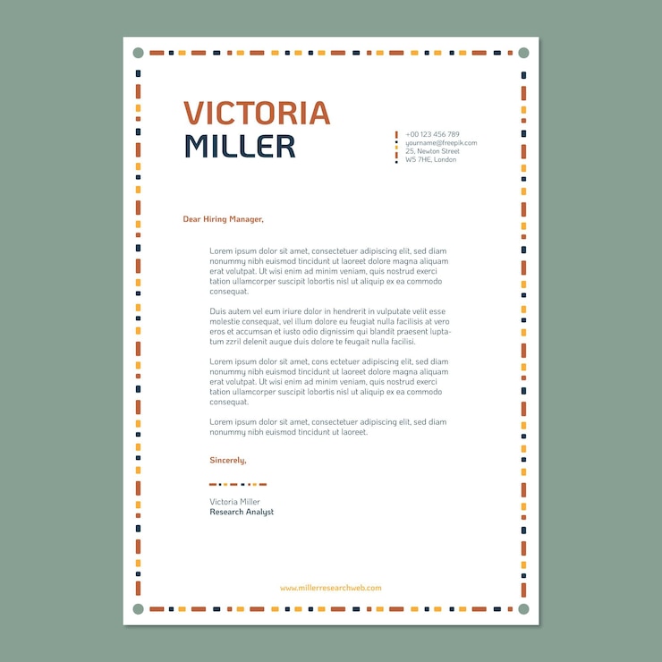 Vetor grátis modelo de carta de apresentação de marketing de analista de pesquisa de mercado ornamental moderno