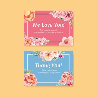 Modelo de cartão de agradecimento com amor florescendo conceito design aquarela ilustração