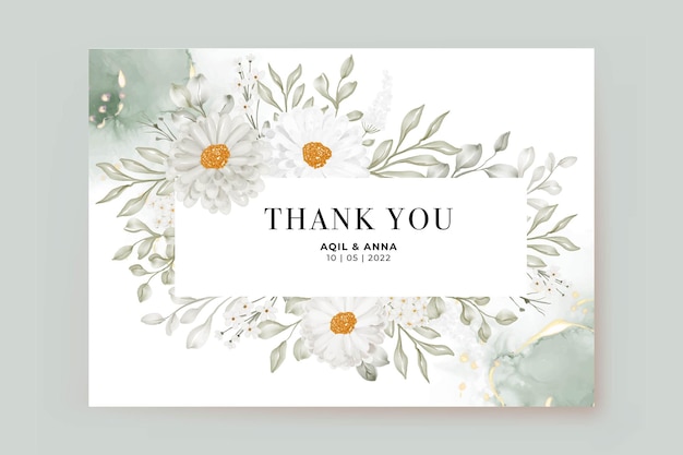 Modelo de cartão de agradecimento com aquarela de margarida branca e folhas verdes