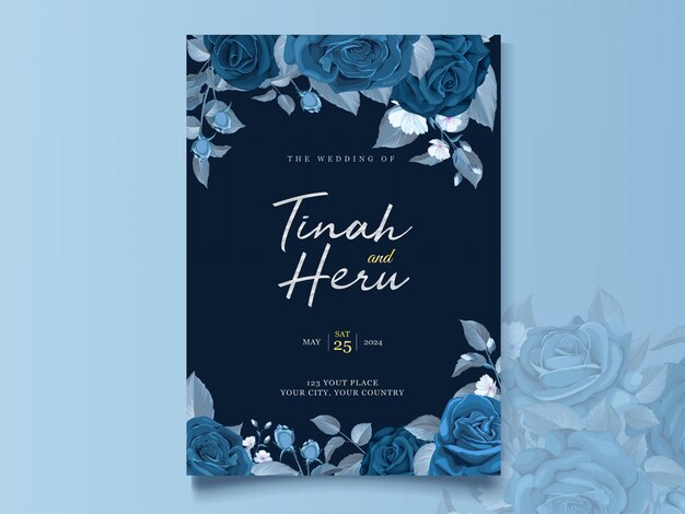 Vetor grátis modelo de cartão de casamento elegante com floral azul clássico e folhas