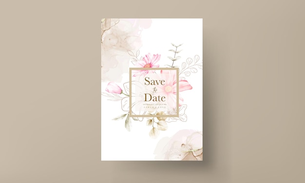 Vetor grátis modelo de cartão de convite com linda flor rosa e floral dourado