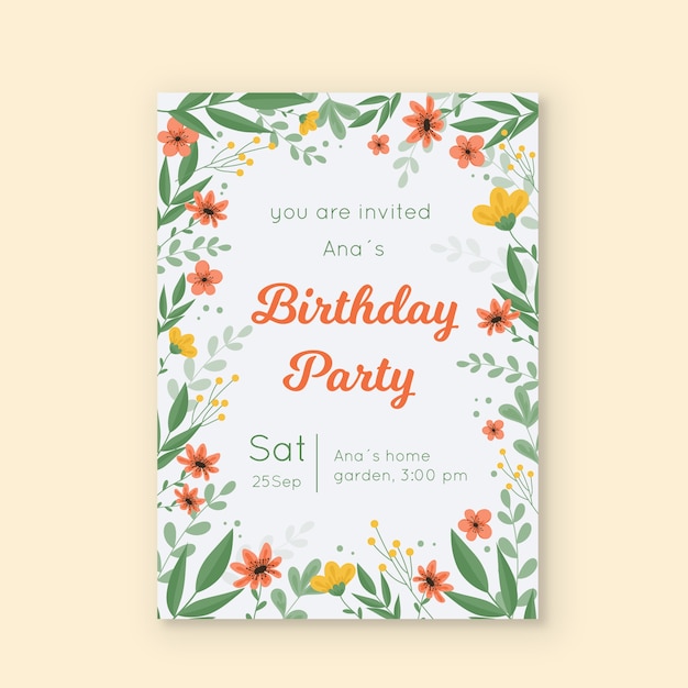 Modelo de cartão de convite de aniversário floral