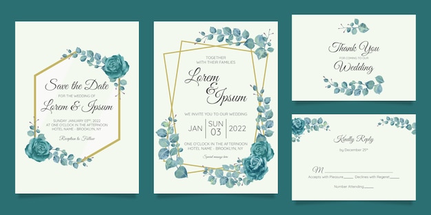 Modelo de cartão de convite de casamento bonito conjunto com moldura floral geométrica
