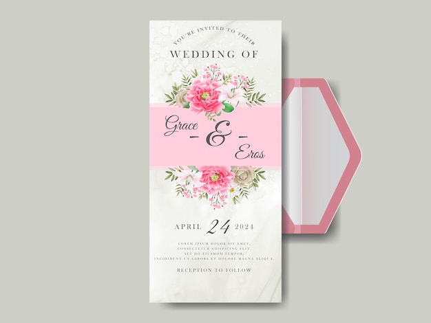 Modelo de cartão de convite de casamento com ilustração de lindas flores rosa suave