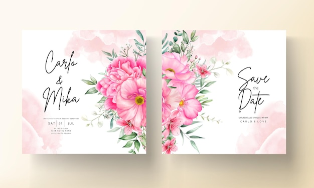 Modelo de cartão de convite de casamento de flor romântica com desenho floral à mão