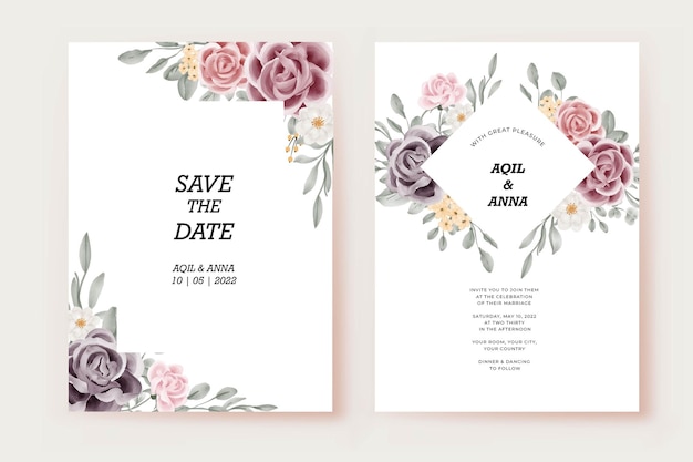 Vetor grátis modelo de cartão de convite de casamento linda flor rosa