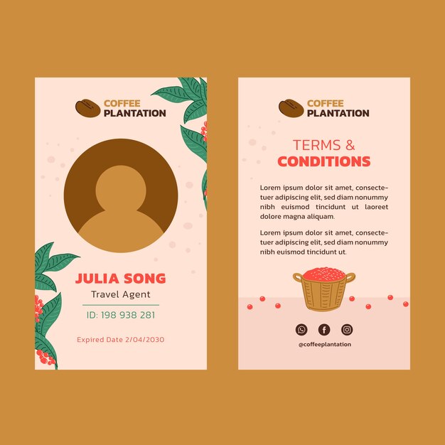 Modelo de cartão de identificação de plantação de café desenhado à mão