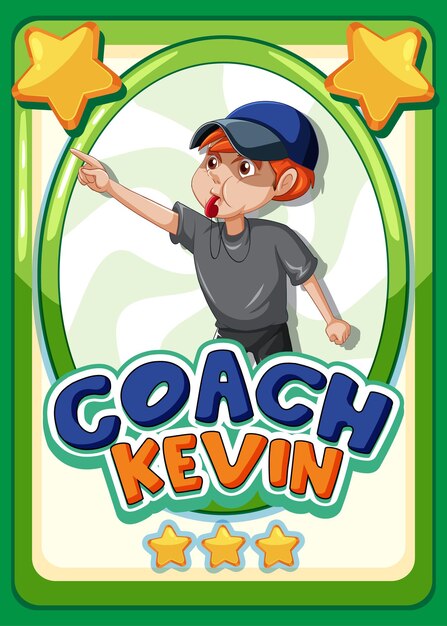 Modelo de cartão de jogo de personagem com a palavra coach kevin