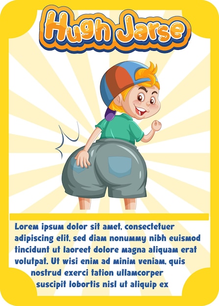 Vetor grátis modelo de cartão de jogo de personagem com a palavra hugh jarse
