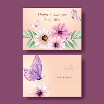 Modelo de cartão postal com conceito de flor peri primavera, estilo aquarela