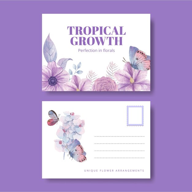 Modelo de cartão postal com conceito de flor tropical pastel estilo aquarela