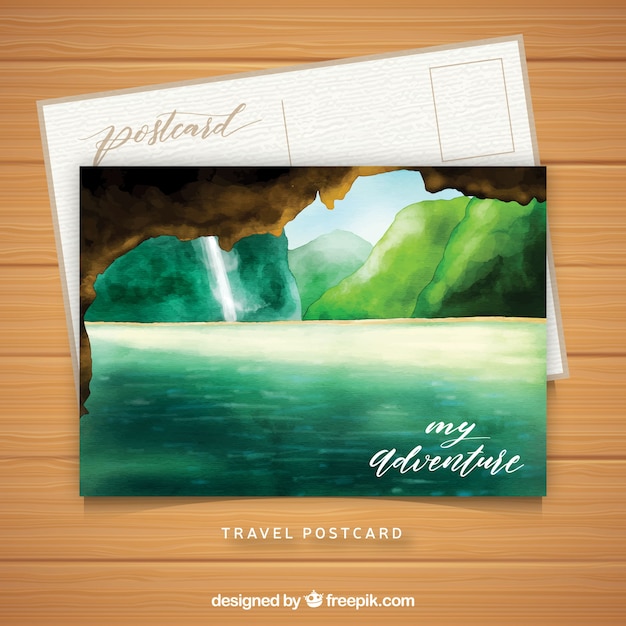 Vetor grátis modelo de cartão postal de viagem com paisagem em aquarela