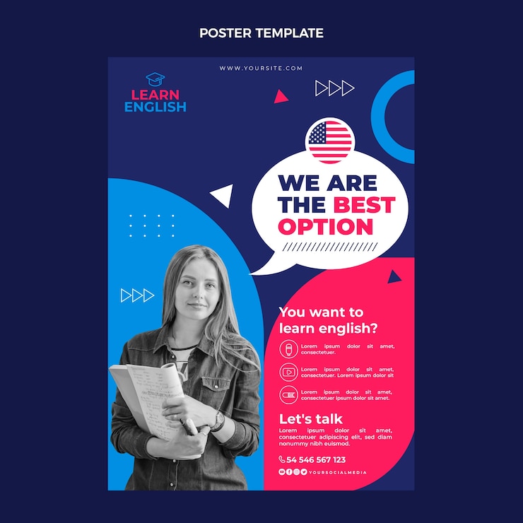 Vetor grátis modelo de cartaz de aulas de inglês de design plano