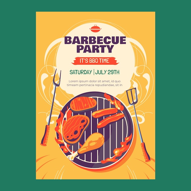 Modelo de cartaz de churrasco de verão plano com churrasqueira