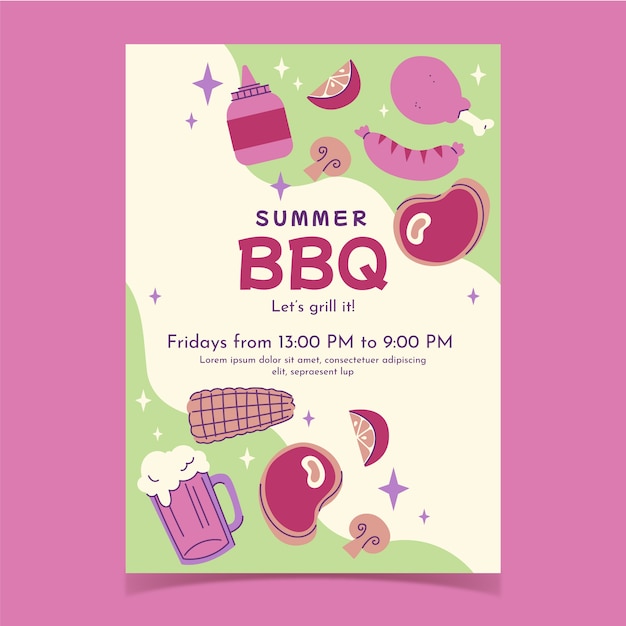 Modelo de cartaz de churrasco de verão plano com comida