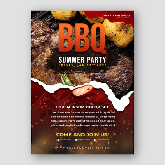 Vetor grátis modelo de cartaz de churrasco de verão realista com carne