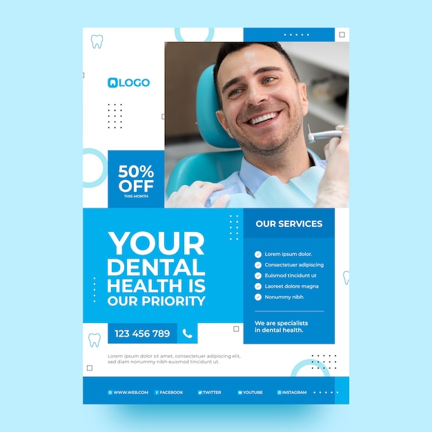 Modelo de cartaz de clínica odontológica de design plano