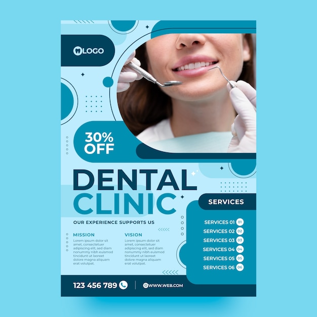 Modelo de cartaz de clínica odontológica de design plano