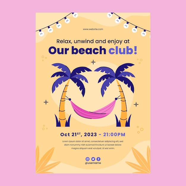 Vetor grátis modelo de cartaz de clube de praia de design plano