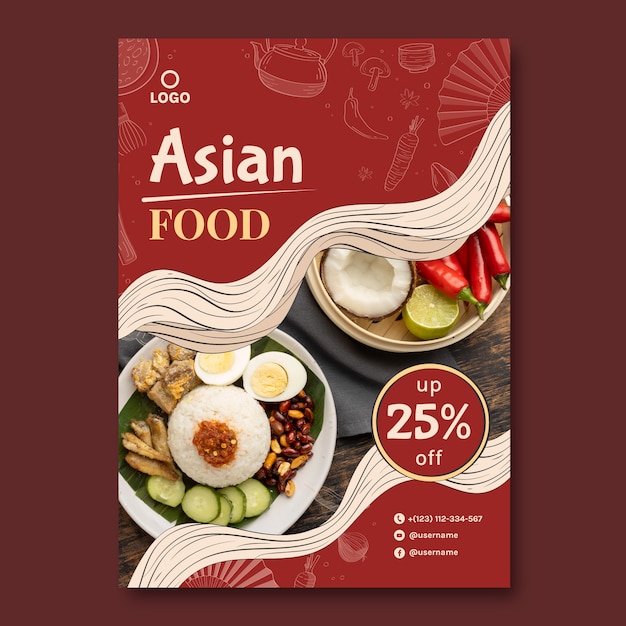 Vetor grátis modelo de cartaz de comida asiática desenhada de mão