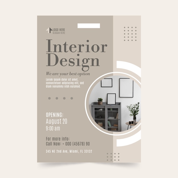 Modelo de cartaz de design de interiores plano e decoração para casa
